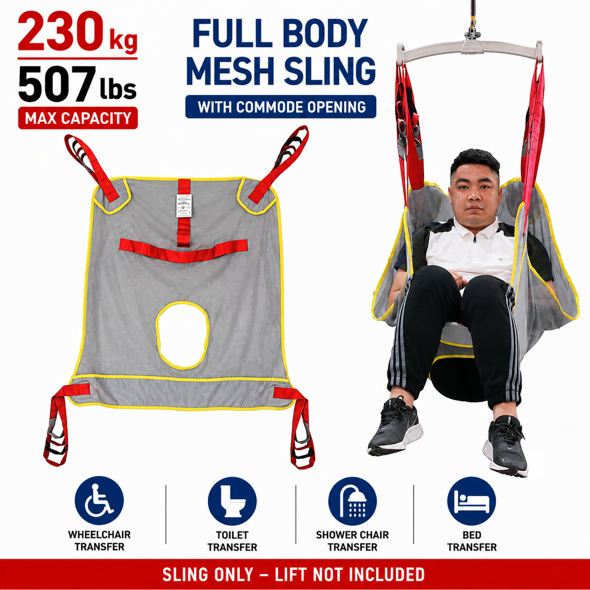 Calf & Shin Support, Full Body Mesh Sling with Commode Opening, Weight Capacity up to 230 kg