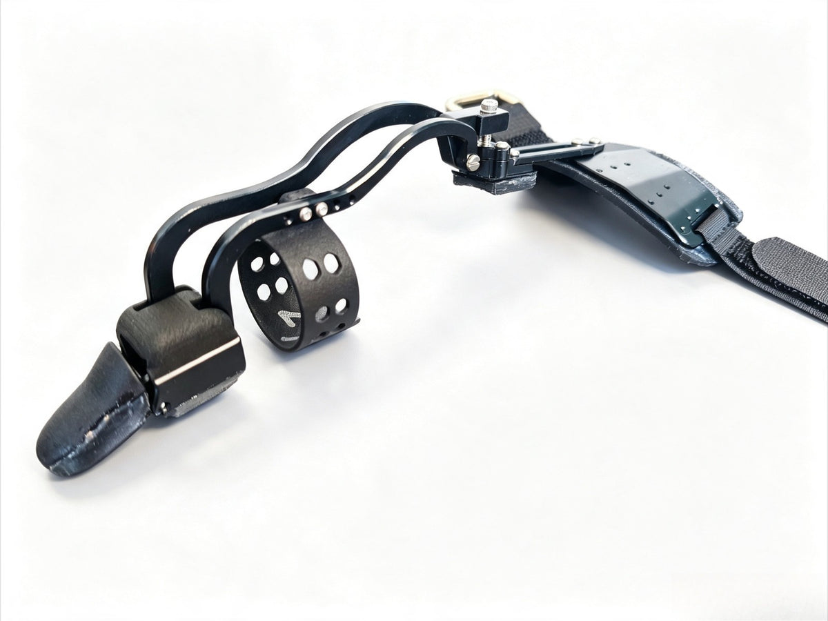 Black single mechanical prosthetic finger with Backplate, angled view