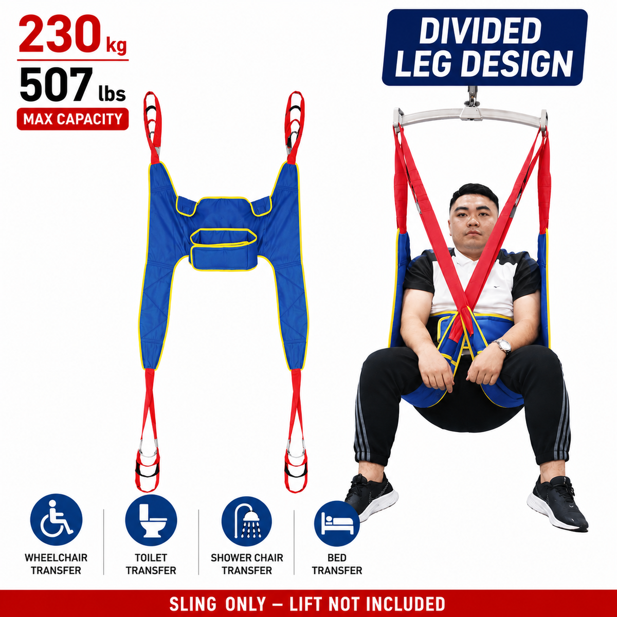 Patient Transfer Toilet Sling for Lift, Divided Leg, Home Care Support 230 kg
