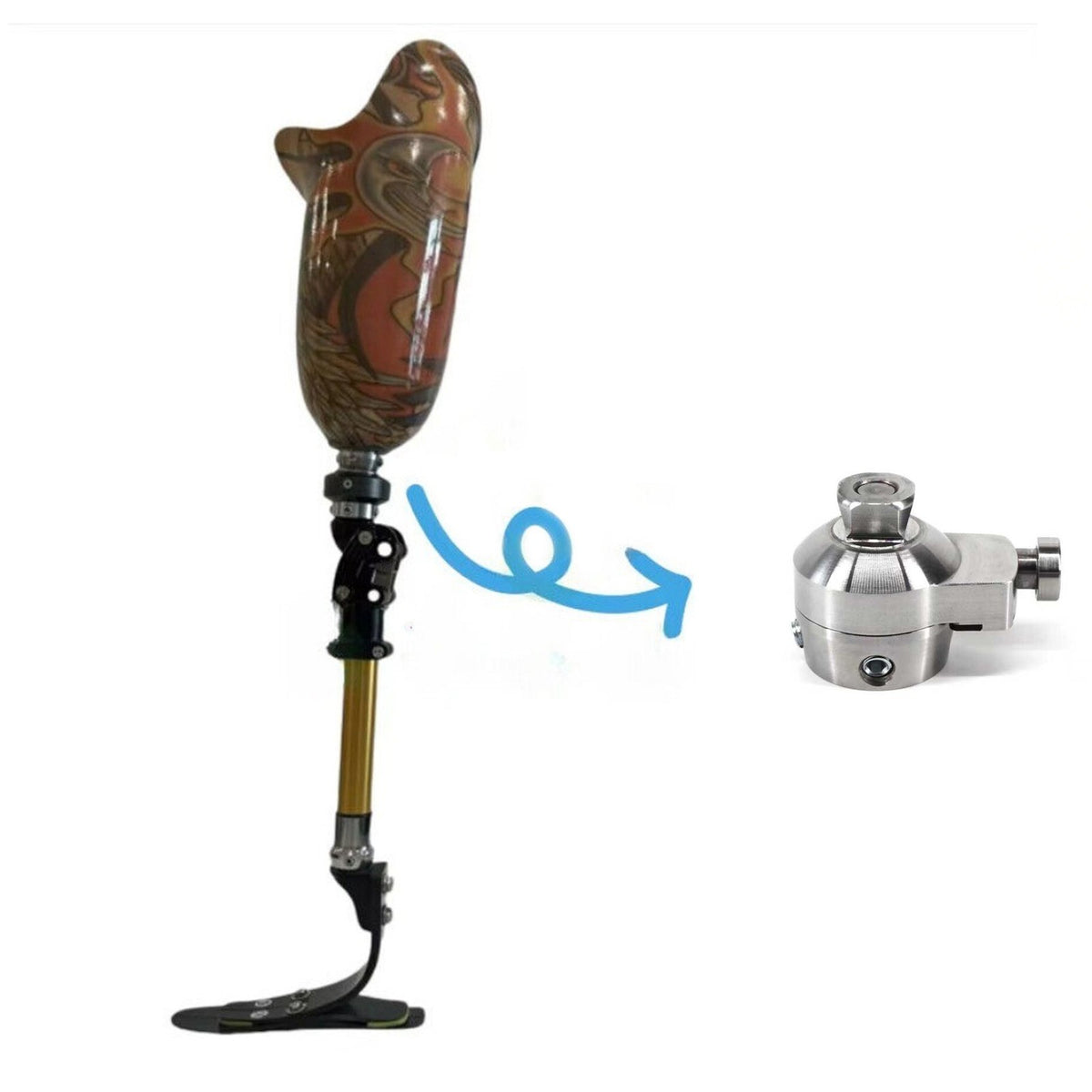 Prosthetic rotation adapter shown with an example lower-limb assembly