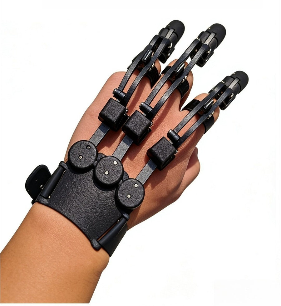 Black multi-finger mechanical prosthetic system worn on a hand